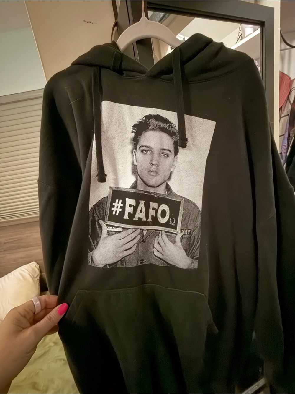 NWT-ELVIS -Black Graphic Hooded Sweatshirt with #FAFO Elvis Mugshot Print